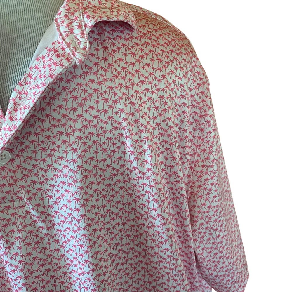 Kenneth Cole Golf Men's Large Pink Palm Tree Print Performance Polo Shirt White